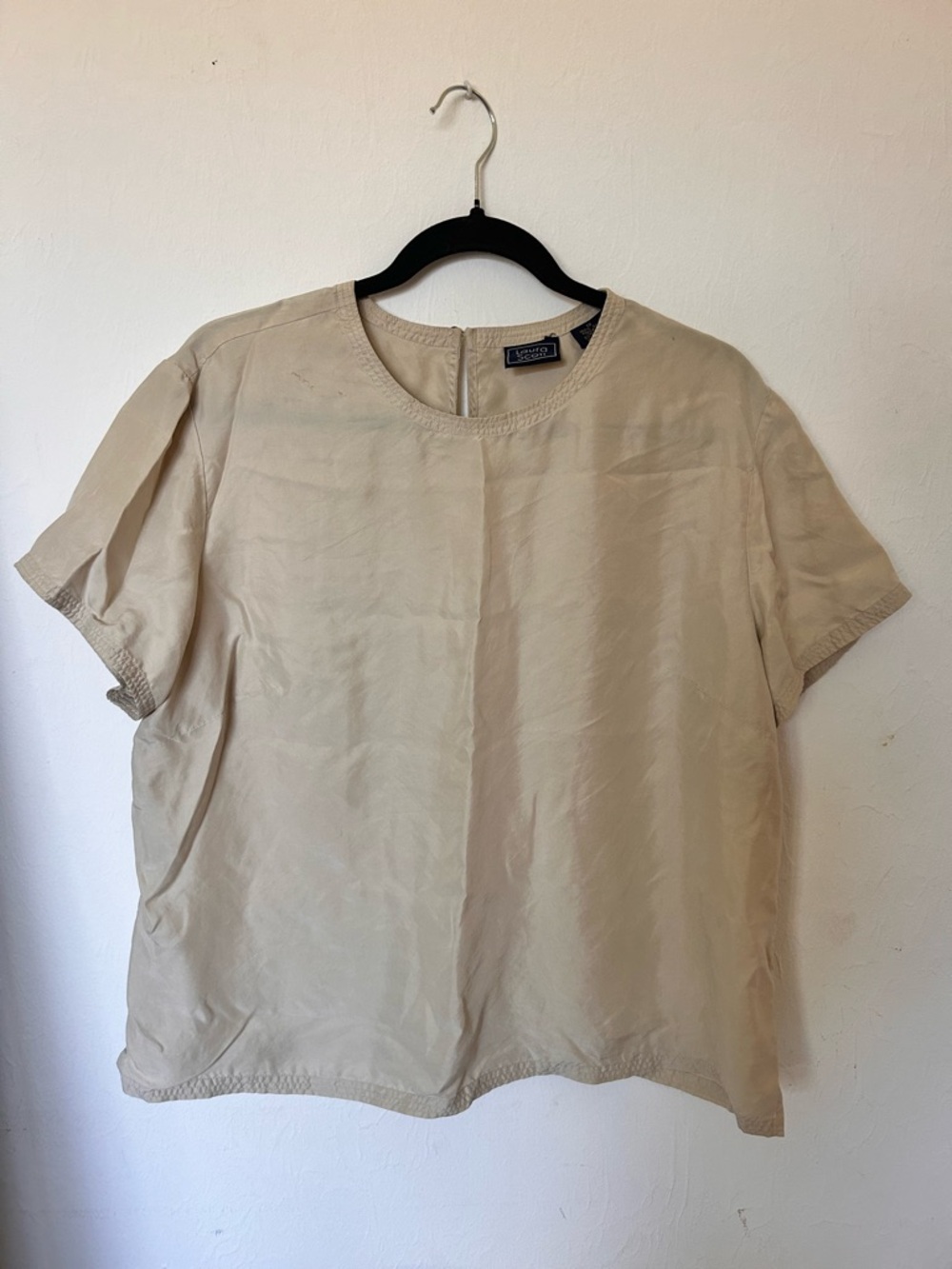 Laura Scott Beige Short Sleeve Blouse 100% real silky VTG XL